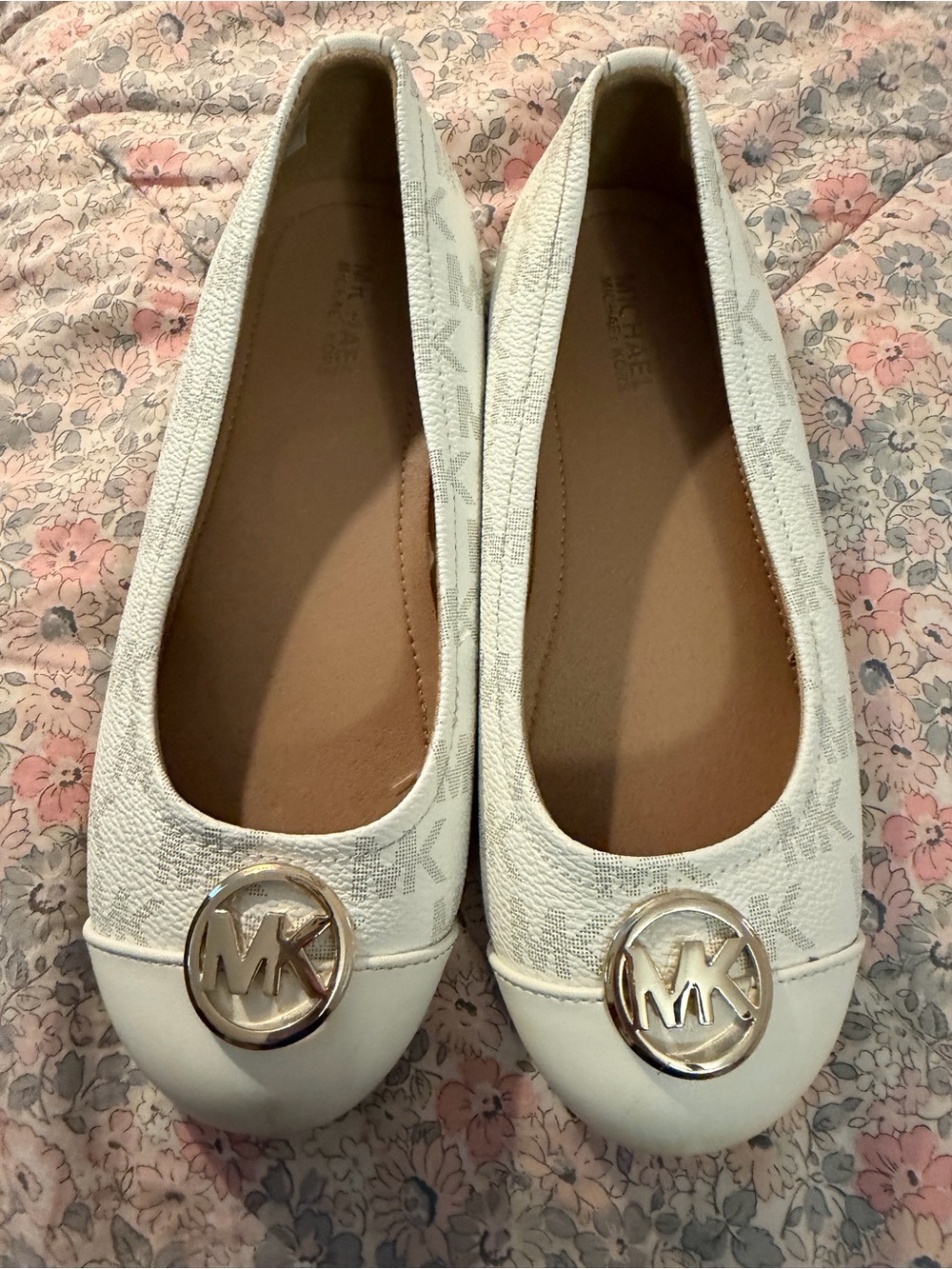 Michael Kors White Logo Ballet Flats with Gold MK Medallion